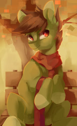 Size: 1178x1920 | Tagged: safe, artist:tangomangoes, oc, oc:olive hue, species:earth pony, species:pony, autumn, bench, clothing, scarf, solo