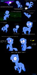 Size: 1250x2500 | Tagged: safe, artist:lazy, species:pony, comic, dark, dialogue, eyes, flying, moon, night, scared, scary, speech, speech bubble, the misadventures of rainbow dash