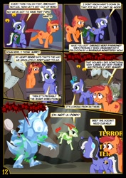 Size: 752x1063 | Tagged: safe, artist:christhes, oc, oc only, oc:gracenote, oc:maple leaf, species:earth pony, species:pony, species:unicorn, brush, butt, collar, comic, crossover, female, jabba's palace, mare, oola, peril, plot, rancor pit, spike's statue, star mares, star wars, topi