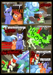 Size: 752x1063 | Tagged: safe, artist:christhes, oc, oc only, oc:gracenote, oc:jade mare, oc:maple leaf, species:changeling, species:earth pony, species:pony, species:unicorn, brush, collar, comic, crossover, disguise, disguised changeling, female, jabba's palace, mare, oola, peril, rancor pit, spike's statue, star mares, star wars, topi
