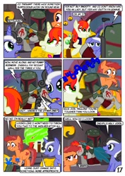 Size: 752x1063 | Tagged: safe, artist:christhes, oc, oc:gracenote, oc:jade mare, oc:maple leaf, species:changeling, species:earth pony, species:pony, species:unicorn, boba fett, comic, crossover, disguise, disguised changeling, female, gold, jabba's palace, mare, ponified, star mares, star wars