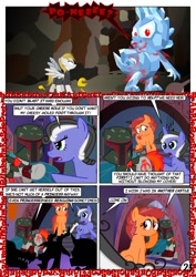 Size: 752x1063 | Tagged: safe, artist:christhes, oc, oc:gracenote, oc:jade mare, oc:maple leaf, species:changeling, species:earth pony, species:pegasus, species:pony, species:unicorn, boba fett, comic, crossover, disguise, disguised changeling, female, jabba's palace, luke skywalker, mare, peril, ponified, rancor pit, spike's statue, star mares, star wars, wide eyes