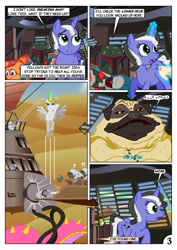 Size: 752x1063 | Tagged: safe, artist:christhes, oc, oc:gracenote, oc:maple leaf, species:diamond dog, species:earth pony, species:pegasus, species:pony, species:unicorn, boba fett, butt, comic, crossover, dialogue, disguise, disguised changeling, execution, female, imminent vore, jabba the hutt, levitation, luke skywalker, magic, mare, peril, plot, ponified, star mares, star wars, tatzlwurm, telekinesis