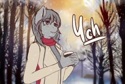 Size: 1440x960 | Tagged: safe, artist:mintjuice, species:anthro, advertisement, clothing, coffee mug, commission, female, mug, park, smiling, snow, snowfall, solo, tree, your character here