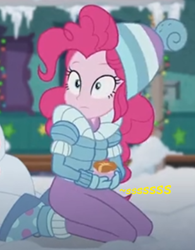 Size: 304x389 | Tagged: safe, artist:thedarkpony, edit, edited screencap, screencap, character:pinkie pie, equestria girls:holidays unwrapped, g4, my little pony: equestria girls, my little pony:equestria girls, spoiler:eqg series (season 2), clothing, cropped, female, implied pissing, implied urine, implied wetting, onomatopoeia, pee edit, solo, winter outfit