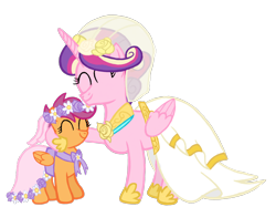 Size: 2732x2048 | Tagged: safe, artist:turnaboutart, character:princess cadance, character:scootaloo, species:alicorn, species:pegasus, species:pony, episode:a canterlot wedding, g4, my little pony: friendship is magic, alternate universe, aunt and niece, clothing, dress, flower, flower filly, flower girl, flower girl dress, flower in hair, marriage, wedding, wedding dress, wedding veil
