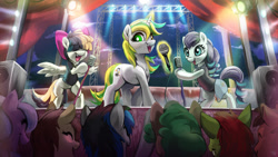 Size: 2000x1125 | Tagged: safe, artist:fidzfox, character:coloratura, character:songbird serenade, oc, oc:green stars, species:earth pony, species:pegasus, species:pony, species:unicorn, my little pony: the movie (2017), audience, commission, concert, crowd, eyes closed, female, glowing horn, hair over eyes, horn, levitation, lights, magic, mare, microphone, open mouth, rara, stage, telekinesis