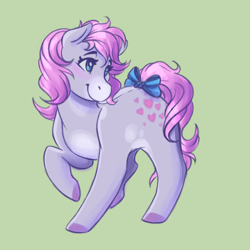 Size: 6000x6000 | Tagged: safe, artist:faline-art, character:snuzzle (g1), species:earth pony, species:pony, g1, blushing, bow, cute, female, green background, mare, simple background, snuzzlebetes, solo, tail bow