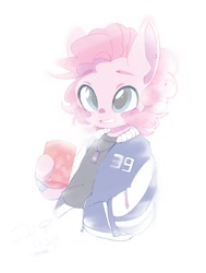Size: 1300x1720 | Tagged: safe, artist:potetecyu_to, character:pinkie pie, species:earth pony, species:pony, clothing, ear piercing, earring, female, jacket, jewelry, necklace, piercing, semi-anthro, solo