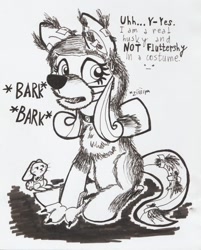Size: 802x996 | Tagged: safe, artist:khaki-cap, character:angel bunny, character:fluttershy, species:dog, inktober, clothing, costume, funny, husky, ink, inktober 2019