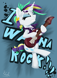 Size: 1280x1761 | Tagged: safe, artist:khaki-cap, character:rarity, species:pony, species:unicorn, alternate hairstyle, digital art, female, guitar, guitarity, i wanna rock, mare, musical instrument, punk, punkity, signature, solo, text