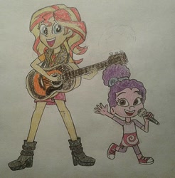 Size: 886x902 | Tagged: safe, artist:jebens1, character:sunset shimmer, g4, my little pony: equestria girls, my little pony:equestria girls, barely eqg related, bubble guppies, clothing, converse, crossover, geode of empathy, guitar, magical geodes, microphone, musical instrument, nick jr., nickelodeon, shoes, singing, zooli