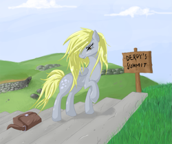 Size: 1081x910 | Tagged: safe, artist:v-invidia, character:derpy hooves, species:pegasus, species:pony, bag, female, grass, mare, messy mane, raised hoof, sign, solo, stairs