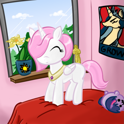 Size: 825x825 | Tagged: safe, artist:v-invidia, character:princess celestia, character:twilight sparkle, species:alicorn, species:pony, bed, bedroom, cewestia, cute, duo, eyes closed, female, filly, flower, foal, pink-mane celestia, plushie, poster, solo, younger