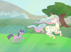 Size: 1052x776 | Tagged: safe, artist:v-invidia, character:princess celestia, character:twilight sparkle, species:alicorn, species:pony, species:unicorn, crepuscular rays, duo, duo female, eyes closed, female, happy, mare, meadow, running