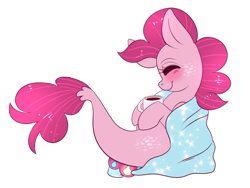 Size: 800x600 | Tagged: safe, artist:ponycide, character:pinkie pie, species:seapony (g4), blanket, blushing, chocolate, cute, diapinkes, female, food, hot chocolate, mug, seaponified, seapony pinkie pie, smiling, solo, species swap