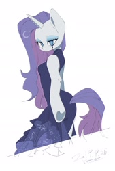 Size: 1300x1920 | Tagged: safe, artist:potetecyu_to, character:rarity, species:anthro, species:pony, species:unicorn, alternate hairstyle, arm hooves, breasts, chestbreasts, clothing, dress, female, mare, no pupils, simple background, solo, straight hair, underhoof, white background