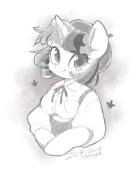 Size: 1300x1720 | Tagged: safe, artist:potetecyu_to, character:twilight sparkle, species:anthro, beret, breasts, bust, chestbreasts, clothing, cute, female, grayscale, hat, monochrome, semi-anthro, simple background, solo, twiabetes, white background
