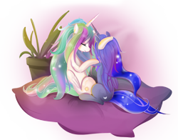 Size: 1200x942 | Tagged: safe, artist:v-invidia, character:princess celestia, character:princess luna, species:alicorn, species:pony, duo, duo female, eyes closed, female, mare, messy mane, sisters, sitting, smiling