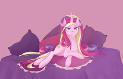 Size: 1501x959 | Tagged: safe, artist:v-invidia, character:princess cadance, species:alicorn, species:pony, bed, bedroom eyes, female, honeymoon, looking at you, mare, messy hair, messy mane, missing accessory, prone, smiling, solo