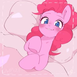Size: 1720x1720 | Tagged: safe, artist:potetecyu_to, character:pinkie pie, species:earth pony, species:pony, bed, blanket, blushing, colored pupils, cute, diapinkes, female, looking at you, lying on bed, mare, on back, on bed, pillow, smiling, solo