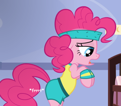 Size: 692x608 | Tagged: safe, artist:thedarkpony, edit, edited screencap, screencap, character:pinkie pie, species:pony, episode:a friend in deed, g4, my little pony: friendship is magic, bipedal, clothing, cropped, fart, fart edit, fart noise, onomatopoeia, shorts, sound effects, workout outfit