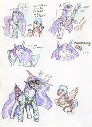 Size: 2432x3368 | Tagged: safe, artist:grimmyweirdy, character:flash sentry, character:twilight sparkle, character:twilight sparkle (alicorn), species:alicorn, species:pony, ship:flashlight, episode:the last problem, g4, my little pony: friendship is magic, apron, bucket, clothing, faec, female, hoodie, long, male, older, princess twilight 2.0, shipping, straight, teasing, tongue out, traditional art, whisk, whiskers, xk-class end-of-the-kitchen scenario