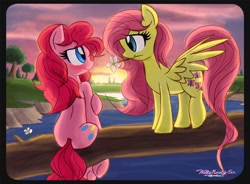 Size: 1366x1006 | Tagged: safe, artist:willisninety-six, character:fluttershy, character:pinkie pie, ship:flutterpie, alternate hairstyle, blushing, female, flower, lesbian, shipping, water