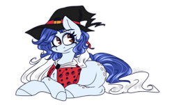 Size: 1749x1053 | Tagged: safe, artist:ggchristian, oc, oc only, oc:lady coccinelle, species:earth pony, species:pony, clothing, female, hat, mare, prone, simple background, solo, transparent background, witch hat