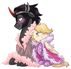 Size: 4493x4309 | Tagged: safe, artist:virtualkidavenue, character:king sombra, oc, oc:exist, species:pony, species:unicorn, canon x oc, cape, clothing, feather, fluffy, gay, griffequus, male, original species, robe, socks, wings