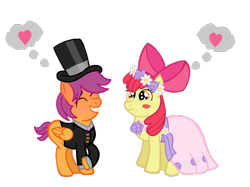 Size: 2732x2048 | Tagged: safe, artist:turnaboutart, character:apple bloom, character:scootaloo, species:earth pony, species:pegasus, species:pony, fanfic:twilight and skaterloo: mother and son, ship:scootabloom, episode:a canterlot wedding, g4, my little pony: friendship is magic, blushing, blushing profusely, bow, clothing, colt, dress, female, filly, flower, flower filly, flower girl, flower girl dress, flower in hair, hair bow, half r63 shipping, hat, heart, male, requested art, rule 63, scooterbloom, scooteroll, shipping, simple background, straight, suit, thought bubble, top hat, transparent background