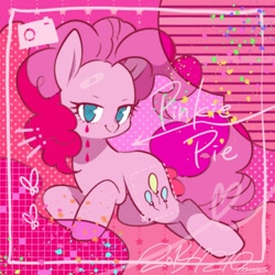Size: 1720x1720 | Tagged: safe, artist:potetecyu_to, character:pinkie pie, species:earth pony, species:pony, abstract background, bandaid, camera, cute, diapinkes, female, heart, lidded eyes, looking at you, mare, solo, teardrop
