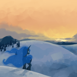Size: 800x800 | Tagged: safe, artist:naroclie, character:princess luna, species:alicorn, species:pony, dusk, female, mare, scenery, snow, solo, sunset