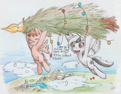 Size: 1014x788 | Tagged: safe, artist:khaki-cap, oc, oc:penalty, oc:steven, species:pony, episode:hearth's warming eve, g4, my little pony: friendship is magic, christmas, christmas tree, flying, holiday, pegasus oc, pencils, scenery, traditional art, tree, wings