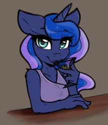 Size: 963x1115 | Tagged: safe, artist:arjinmoon, character:princess luna, species:alicorn, species:anthro, species:pony, alcohol, bust, cheek fluff, clothing, cocktail glass, dress, drink, drinking, explicit source, female, looking at you, mare, martini, olive, shoulder fluff, solo
