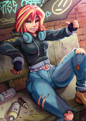 Size: 1414x2000 | Tagged: safe, artist:fidzfox, character:sunset shimmer, species:human, my little pony:equestria girls, clothing, female, fingerless gloves, gloves, headphones, humanized, jacket, looking at you, rebel, shoes, solo, torn clothes, torn jeans, vulgar