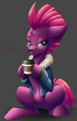 Size: 2450x3841 | Tagged: safe, artist:faline-art, edit, character:fizzlepop berrytwist, character:tempest shadow, species:pony, species:unicorn, my little pony: the movie (2017), belly button, bottomless, broken horn, bronybait, clothing, coffee, cropped, cute, dialogue, dialogue edit, eye scar, female, floppy ears, gray background, hoof hold, horn, jacket, lidded eyes, mare, partial nudity, scar, simple background, sitting, smiling, solo, tempestbetes
