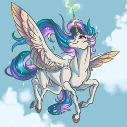 Size: 6000x6000 | Tagged: safe, artist:faline-art, character:princess celestia, species:alicorn, species:pony, absurd resolution, colored wings, female, flying, glowing horn, hoers, horn, mare, multicolored wings, realistic horse legs, signature, sky, smiling, solo, wings