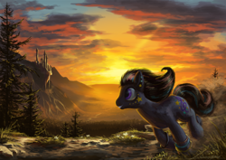 Size: 2000x1413 | Tagged: safe, artist:huussii, character:dj pon-3, character:octavia melody, character:vinyl scratch, species:pony, blitztavia, bracelet, canterlot, fusion, grin, jewelry, male, rule 63, running, scenery, smiling, solo, stallion, sunset, tree