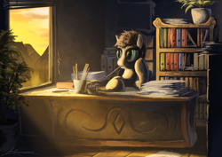 Size: 2000x1413 | Tagged: safe, artist:huussii, oc, oc only, species:earth pony, species:pony, book, bookcase, desk, office, paperwork, pencil, plant, ruler, solo, sunlight, window