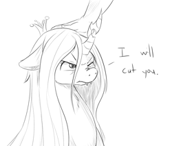 Size: 750x634 | Tagged: dead source, safe, artist:jalm, character:queen chrysalis, species:changeling, species:human, :t, cute, cutealis, dialogue, fangs, female, floppy ears, frown, glare, grayscale, hand, looking up, monochrome, nose wrinkle, one eye closed, petting, scrunchy face, sketch, tsundere, wink