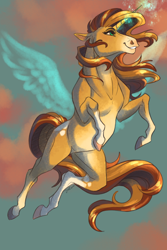Size: 1624x2436 | Tagged: safe, artist:faline-art, character:sunset shimmer, species:pony, species:unicorn, g4, airborne, artificial wings, augmented, female, flying, hoers, magic, magic wings, mare, profile, socks (coat marking), solo, sunset, wings
