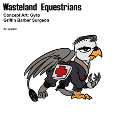 Size: 800x800 | Tagged: safe, artist:velgarn, oc, species:griffon, fallout equestria, barber surgeon, clothing, combat medic, concept art, first aid kit, german, male, military, military haircut, pen and paper rpg, reinforced claw, simple background, solo, uniform, wasteland equestrians, white background