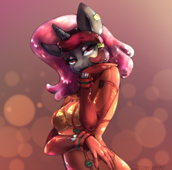 Size: 1280x1263 | Tagged: safe, artist:dream--chan, oc, oc only, species:anthro, species:pony, species:unicorn, anthro oc, female, latex, latex suit, looking at you, mare, neon genesis evangelion, plugsuit, rebuild of evangelion