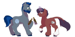 Size: 1280x640 | Tagged: safe, artist:itstechtock, oc, oc only, oc:divine defiance, oc:titanium tech, species:earth pony, species:pony, bottle, female, magic, male, mare, simple background, stallion, transparent background