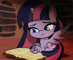 Size: 1223x1007 | Tagged: safe, artist:galacticflashd, character:twilight sparkle, character:twilight sparkle (alicorn), species:alicorn, species:pony, my little pony:pony life, book, cutie mark, depressed, female, library, mare, reading, sad, solo, wings