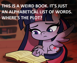 Size: 766x629 | Tagged: safe, artist:galacticflashd, edit, character:twilight sparkle, character:twilight sparkle (alicorn), species:alicorn, species:pony, my little pony:pony life, book, dialogue, dictionary, female, golden oaks library, irony, out of character, solo, too dumb to live