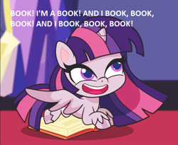 Size: 763x626 | Tagged: safe, artist:galacticflashd, edit, character:twilight sparkle, character:twilight sparkle (alicorn), species:alicorn, species:pony, my little pony:pony life, book, dialogue, female, meme, solo, that pony sure does love books