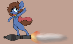 Size: 2836x1732 | Tagged: safe, artist:claudearts, oc, oc only, oc:bizarre song, species:pegasus, species:pony, broken horn, cape, clothing, horn, jewelry, looking at you, messy mane, necklace, riding a bomb, rocket, rocket surfing, simple background, smiling, solo, team fortress 2, this will end in pain, video game, waving