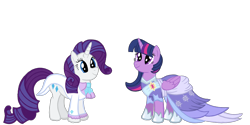 Size: 4096x2048 | Tagged: safe, artist:turnaboutart, character:rarity, character:twilight sparkle, character:twilight sparkle (alicorn), species:alicorn, species:pony, species:unicorn, ship:rarilight, clothing, coronation dress, dress, female, lesbian, marriage, second coronation dress, shipping, simple background, suit, transparent background, vector, wedding